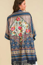 Umgee Full Size Fringe Hem Open Front Printed Kimono Sleeve Cover-Up Plus Size