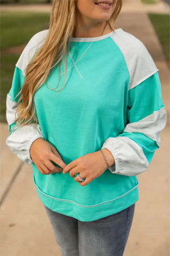 Plus Size Exposed Seam Color Block Long Sleeve Sweatshirt Turquoise Woman Sweatshirts
