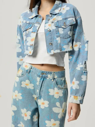 Distressed Raw Hem Floral Collared Neck Denim Top Light Woman Tops