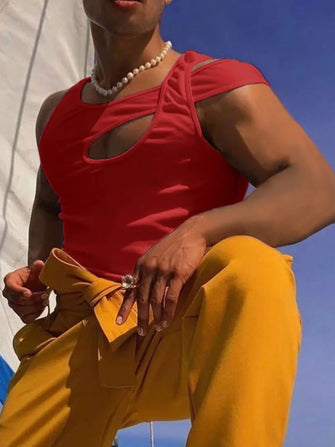 Men's Full Size Asymmetrical Cutout Tank Plus Size Deep Red