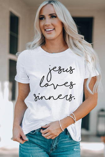 Letter Graphic Round Neck Short Sleeve T-Shirt White
