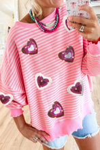 Valentine’s Day Sequin Heart Striped Round Neck Long Sleeve Sweatshirt Pink