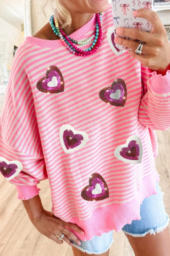 Valentine’s Day Sequin Heart Striped Round Neck Long Sleeve Sweatshirt Pink