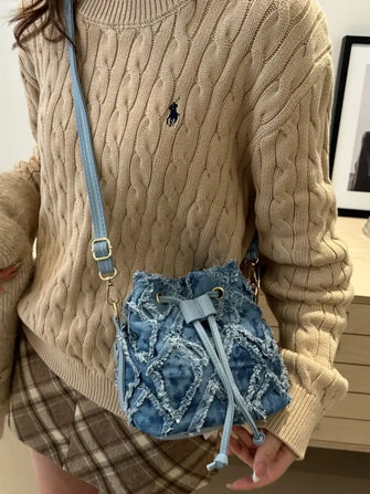 Drawstring Raw Hem Bucket Bag Medium One Size Shoulder Bags
