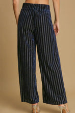 Umgee full size elastic waistband velvet pants with navy blue and silver striped wide leg design and soft material composition