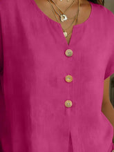 Vibrant fuchsia linen decor button short sleeve blouse with three round beige buttons down the front