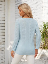 Light blue long-sleeve decorative button openwork V-neck T-shirt