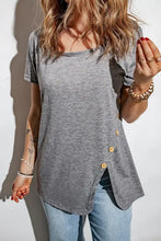 Women’s gray short sleeve scoop neck t-shirt with decorative buttons