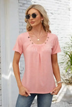 Pink short-sleeve decorative button scoop neck t-shirt