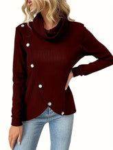 Maroon ribbed cowl neck long sleeve sweater with decorative buttons