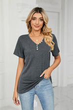 Dark gray women’s short-sleeve V-neck henley T-shirt with decorative buttons
