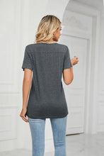 Dark gray short-sleeve V-neck T-shirt with decorative buttons and rounded hem