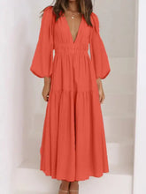 Deep V-Neck Balloon Sleeve Plain Maxi Dress Strawberry Woman Maxi Dress