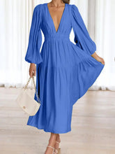 Deep V-Neck Balloon Sleeve Plain Maxi Dress Woman Maxi Dress