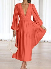 Deep V-Neck Balloon Sleeve Plain Maxi Dress Woman Maxi Dress