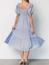 Striped Sweetheart Neck Puff Sleeve Midi Dress Casual Dresses