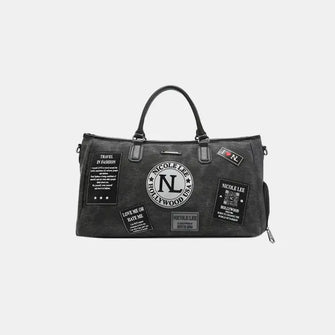Denim Patch Duffel Bag with Black Handles and Stylish Patches Gray One Size Travel Bags