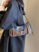 Denim Patchwork Shoulder Bag with Brown Accents Dusty Blue One Size Shoulder Bags
