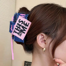 Denim tote bag with acrylic braided rope handles and rope hair claw clips