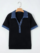 Black ribbed knit polo shirt with denim trim button detail on collar and sleeve cuffs