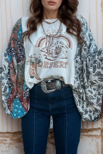 Desert Patchwork Floral Kimono Top for Women White Woman T Shirts