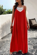 Red Devine backless maxi cami dress with lace neckline and silver jewelry