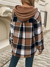 Devine Drawstring Plaid Long Sleeve Hoodie in brown, black, white plaid