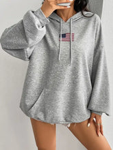 Devine Drawstring gray oversized flag long sleeve hoodie with US flag emblem