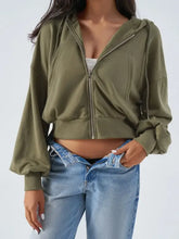 Olive green Devine drawstring zip long sleeve hoodie with moderate stretch