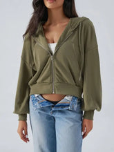 Devine drawstring zip long sleeve hoodie in olive green with moderate stretch