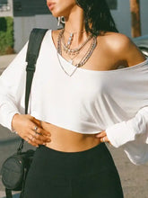White Devine one shoulder long sleeve V-neck crop top