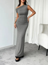 Devine ruched single shoulder gray maxi dress with black heels