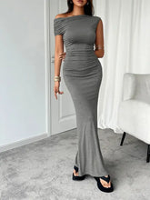 Devine Ruched Single Shoulder Gray Maxi Dress