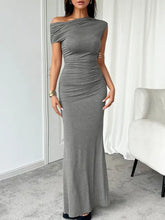 Devine Ruched Single Shoulder Gray Maxi Dress