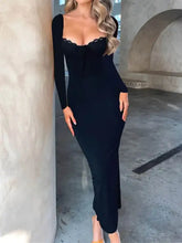 Devine Slit Lace Detail Sweetheart Neck Long Sleeve Maxi Dress Woman Maxi Dress