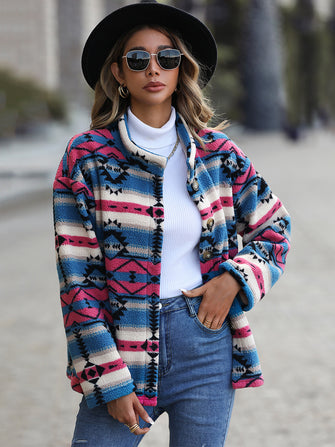 Geometric Button Down Dropped Shoulder Jacket Multicolor