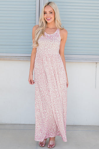 Leopard Round Neck Sleeveless Maxi Dress Blush Pink