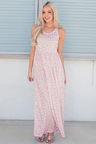 Leopard Round Neck Sleeveless Maxi Dress Blush Pink Maxi Dresses