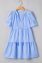 Gingham Short Sleeve Button Tie Split Neck Loose Mini Dress Casual Dresses