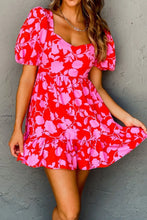 Floral Puff Sleeve Sweetheart Neck Ruffled Mini Dress