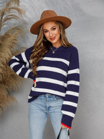 Angel Wings Striped Round Neck Dropped Shoulder Sweater Navy