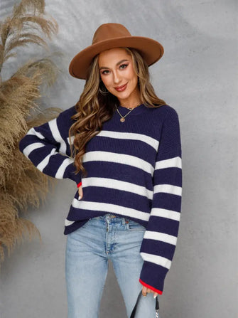 Angel Wings Striped Round Neck Dropped Shoulder Sweater Navy Sweater Pullovers