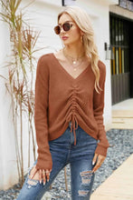 Waffle-Knit Drawstring Detail V-Neck Sweater Brown Sweater Pullovers