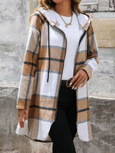 Drawstring Plaid Zip Up Long Sleeve Hooded Outerwear Woman Outerwear