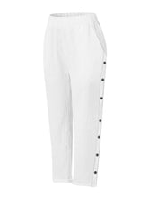 White capri full size casual wide leg pants with black decor button side panel for plus size wear