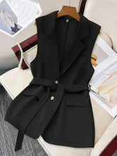 Blazer ohne Ärmel mit Taillengürtel und Reverskragen, schwarz, Damenoberbekleidung