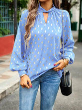 Devine Mock Neck Cutout Lantern Sleeve Blouse Pastel Blue Woman Blouses