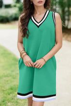 Color Contrast Trim V Neck Shift Sleeveless Mini Dress Turquoise Casual Dresses
