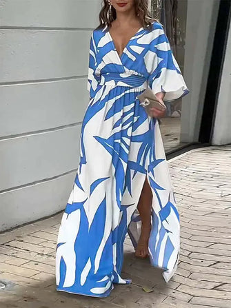 Slit Printed Surplice Maxi Dress Blue