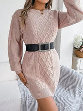 Diamond cable knit sweater dress in blush pink with sparkling silver belt buckle